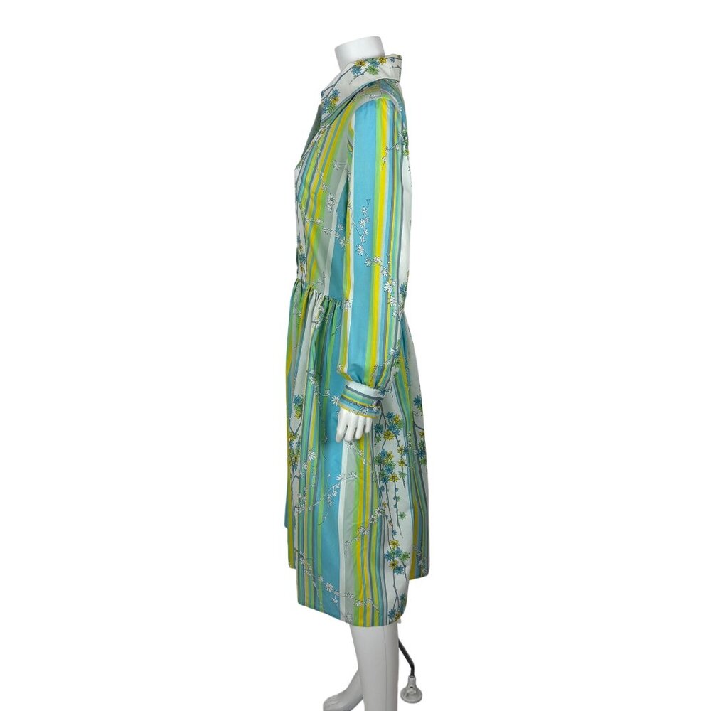 Vintage 60s Striped Dress Womens Large Blue Green Colorful Spring Shirtdress - Picture 6 of 13